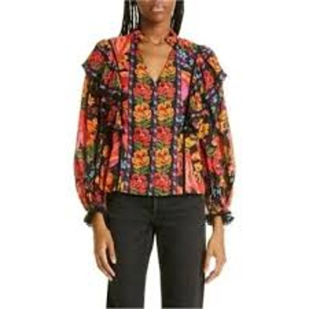 Farm Rio Womens Top Size M Multicolor Floral Print Long Sleeve Blouse